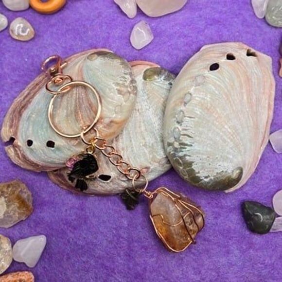 Citrine Crystal Wire Wrapped Crow and Witch Keychain Accessory - Picture 4 of 5